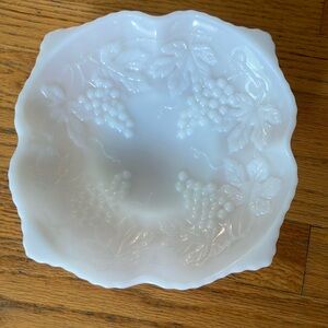 White Glass Decorative Dish w/Grape accents 9”x9”